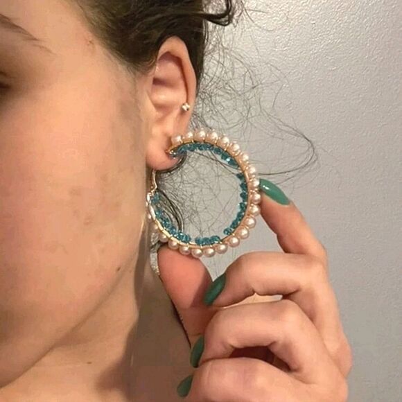 💖2/$30 Gold tone boho hoop pearl blue turquoise beaded coquette chunky earrings - Picture 15 of 17